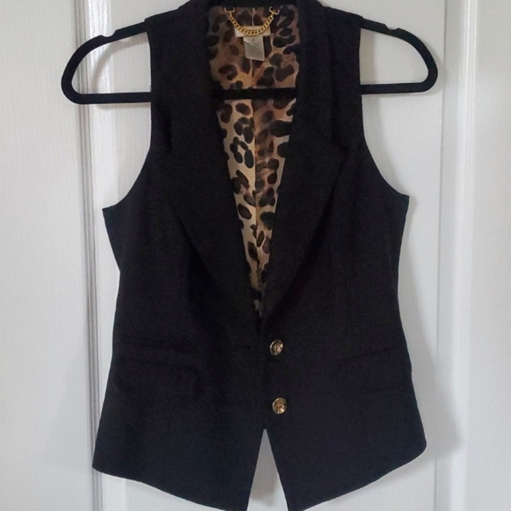 Cache Black Vest with Gold Buttons, Size Small, black/ animal print interior.